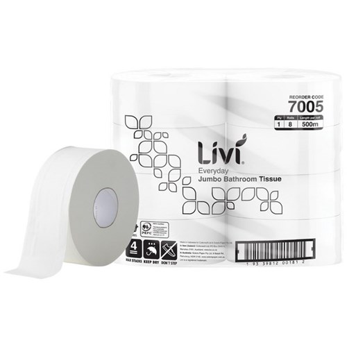 Livi Everyday Toilet Paper Jumbo 1 Ply 500m, Carton of 8 Rolls