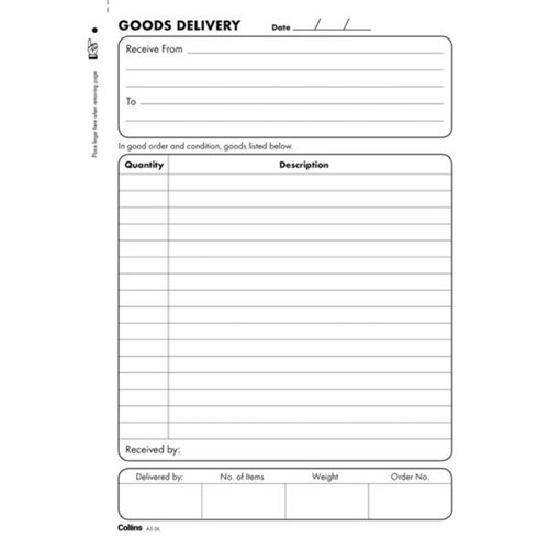 Collins Goods Delivery Receipt Book A5Dl Duplicate No Carbon Required