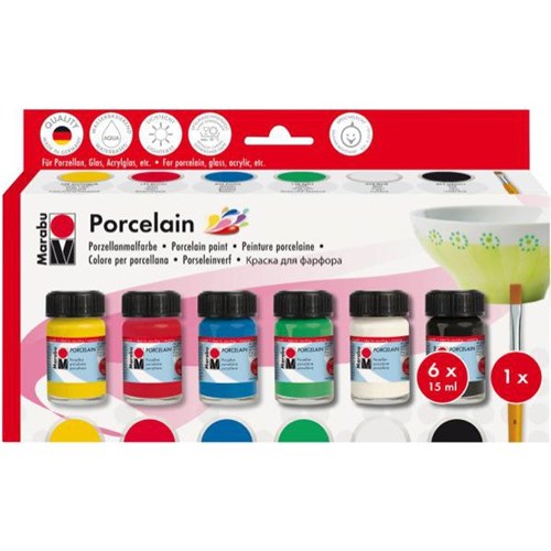 Marabu Porcelain Paint Set 15ml Assorted Colours, Set of 6