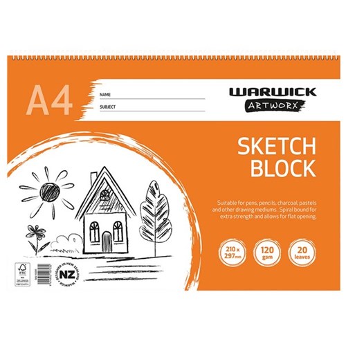 Warwick Artworx Sketch Block Spiral Bound Pad A4 120gsm 20 Leaves