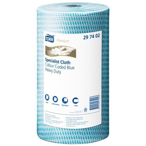 Tork Premium Heavy Duty Colour Coded Cloths 500 x 300mm Blue 297402, Roll of 90