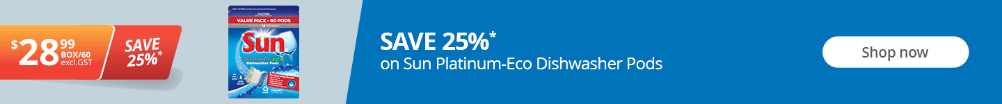 Save 25%* on Sun Platinum-Eco Dishwasher Pods. Shop now.